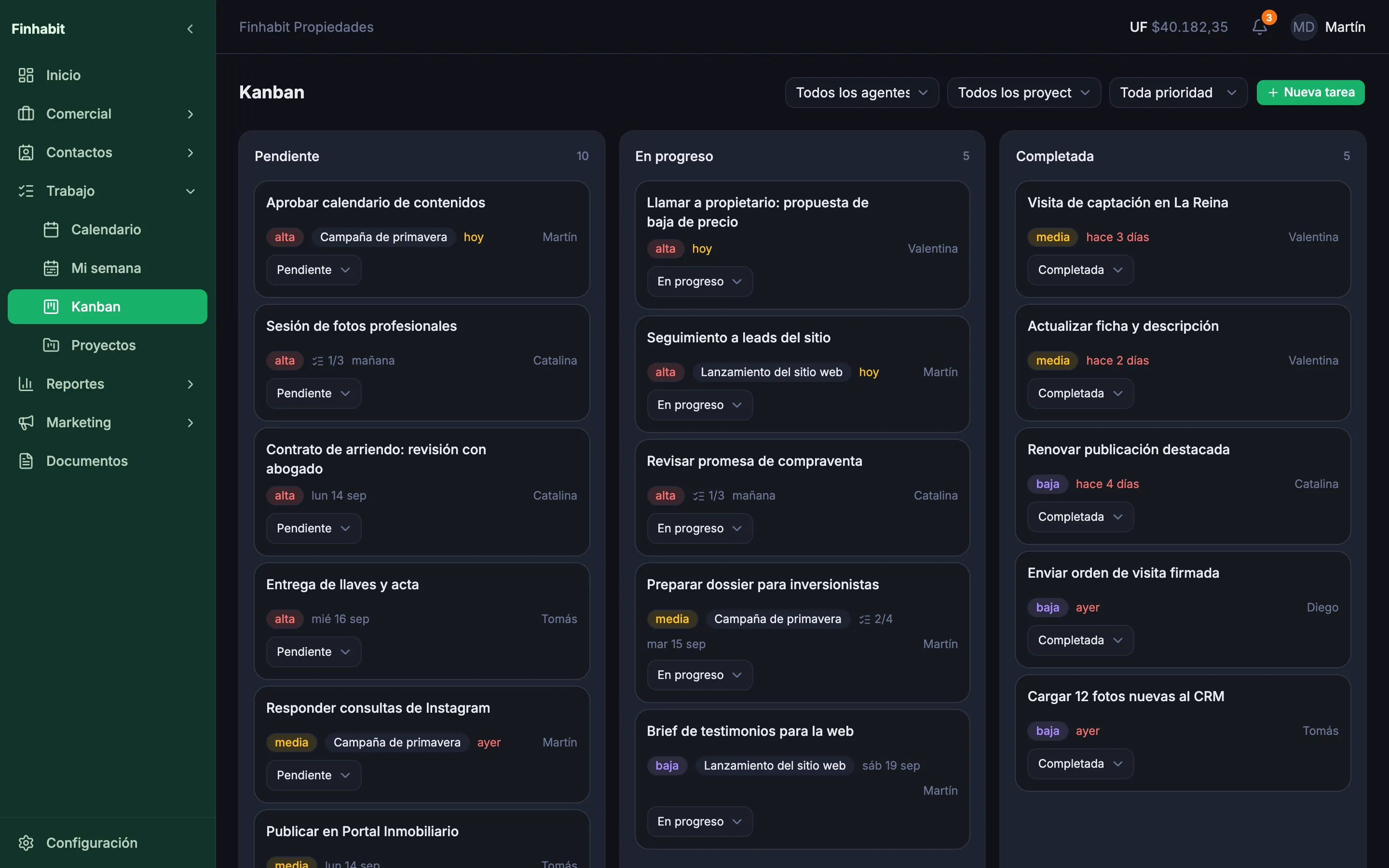 Tablero kanban de tareas del CRM de Finhabit (datos de demostración)