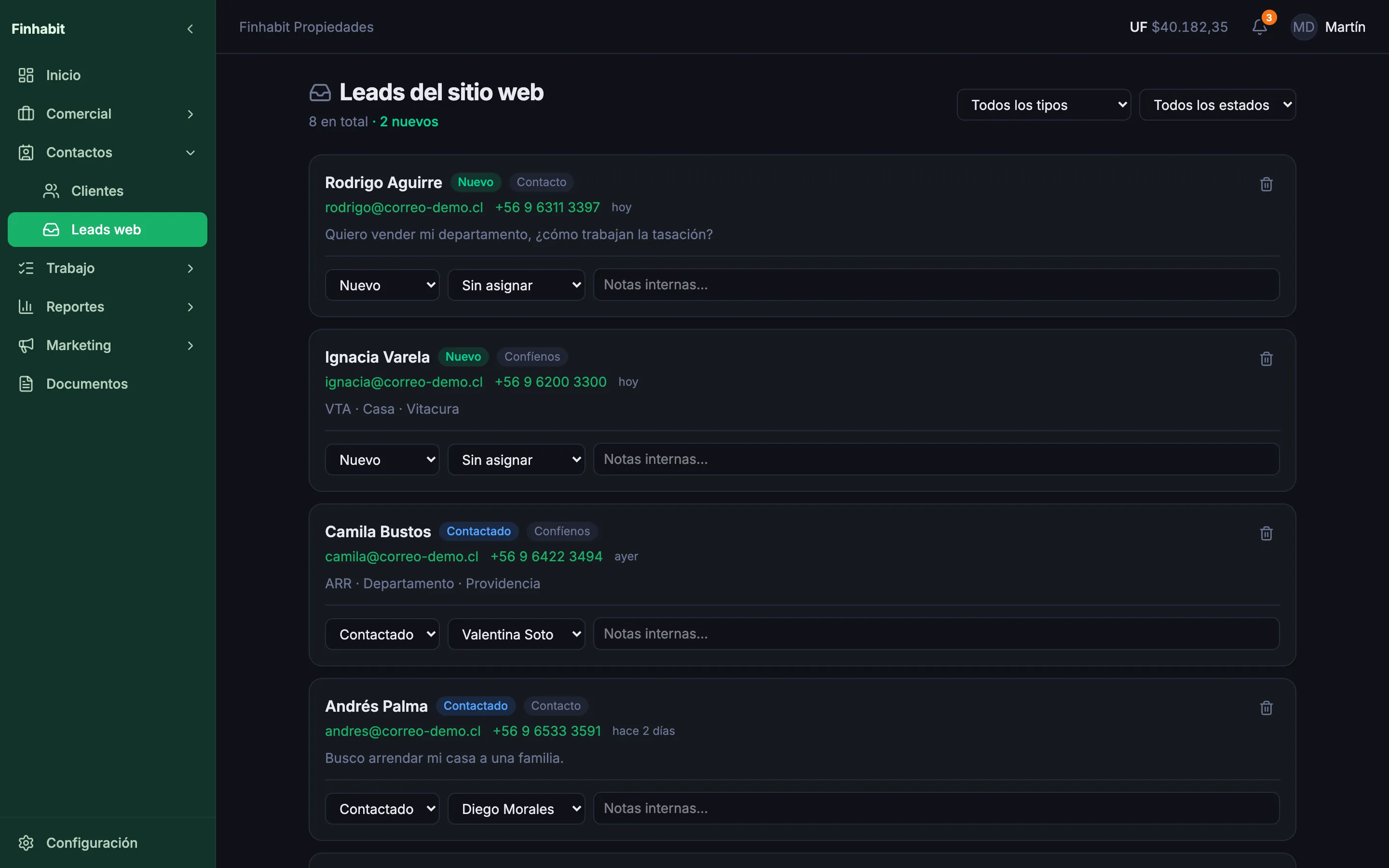 Bandeja de leads del sitio web en el CRM de Finhabit (datos de demostración)