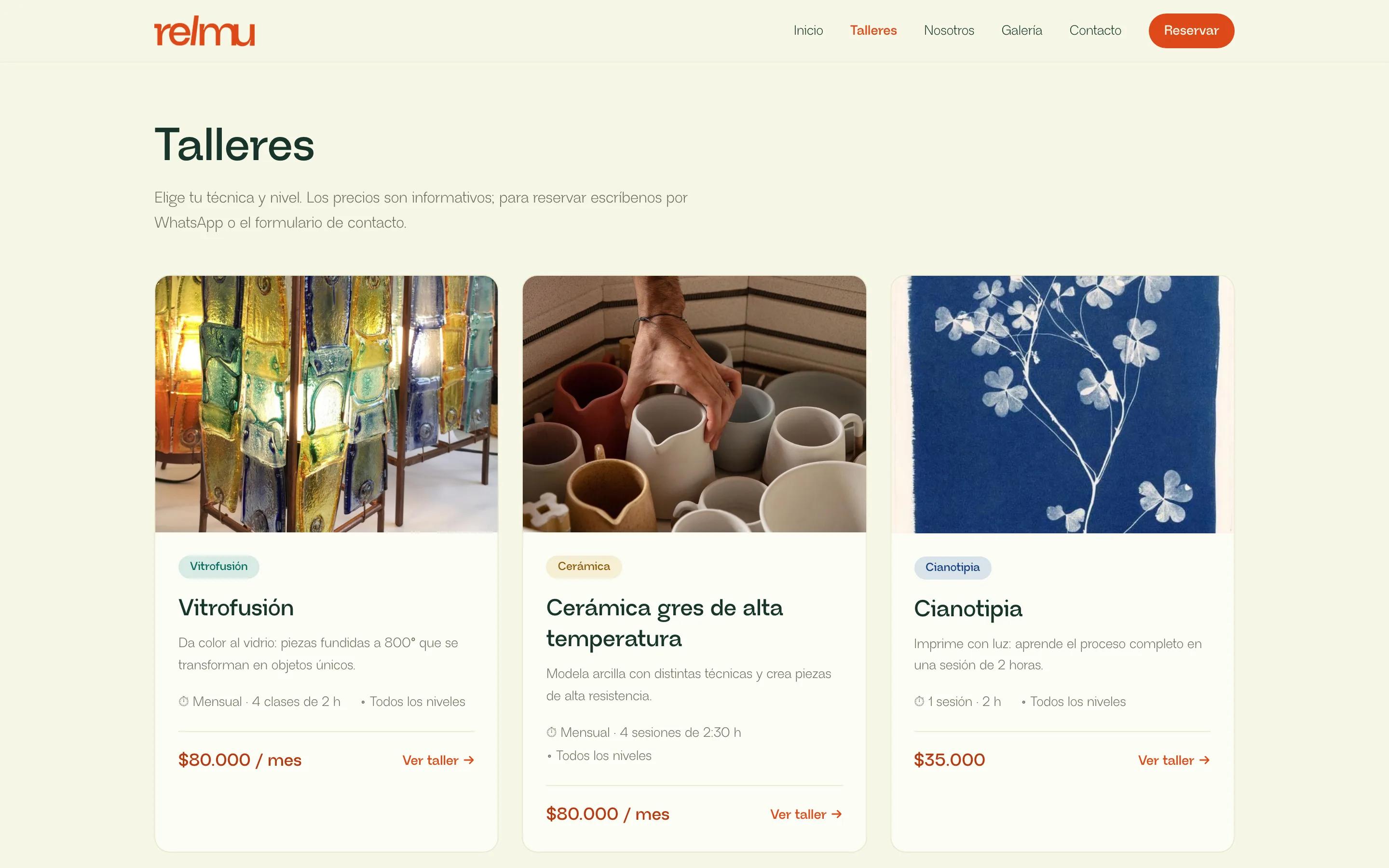 Página de talleres de Relmu